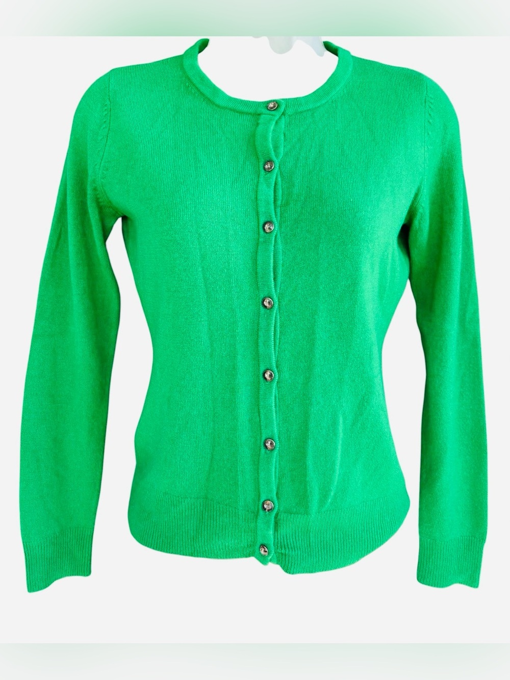 New York & Company Kelly Green Knit Cardigan XS Classic Jeweled Buttons Holiday